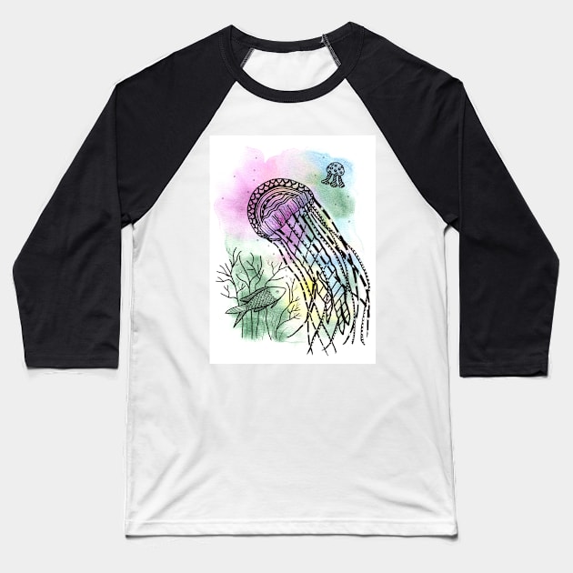 Jellyfish doodling with watercolor and ink Baseball T-Shirt by Sandraartist